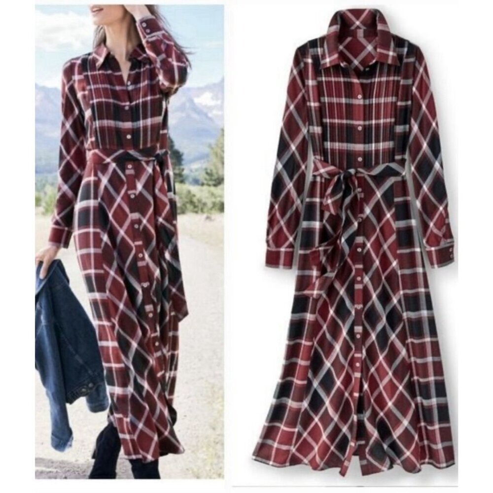 NWT Soft Surroundings Gayle Tartan Plaid Shirtdress Cabernet Women's Size 6P